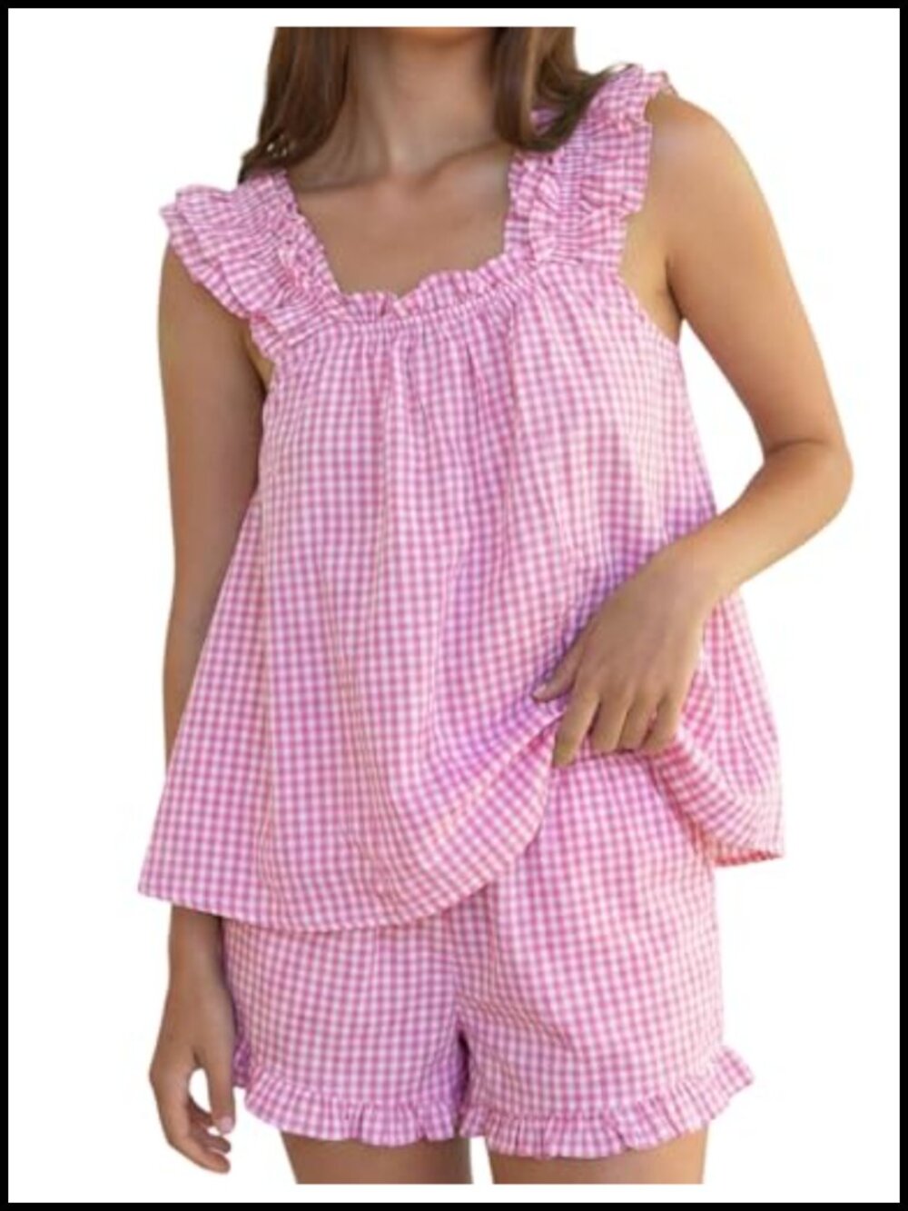 Womens 2 Piece Cotton Gingham Pajama Set Ruffle Cami Tank Wide Leg Shorts